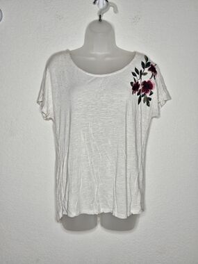 Adiva Ivory Embroidered Floral Top Size L Boho Lightweight Short Sleeve